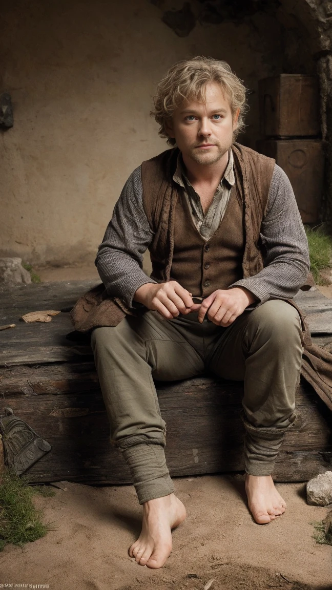 Martin John Christopher Freeman as Bilbo Baggins or the Hobbit There and Back Again,curly hair, without shoes, barefoot, big hairy feet, cinematic, against the backdrop of Mount Erebor Fantasy