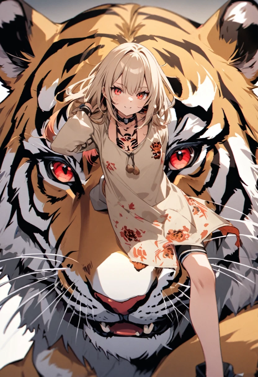 Create a character with red eyes and a tiger tattoo 
