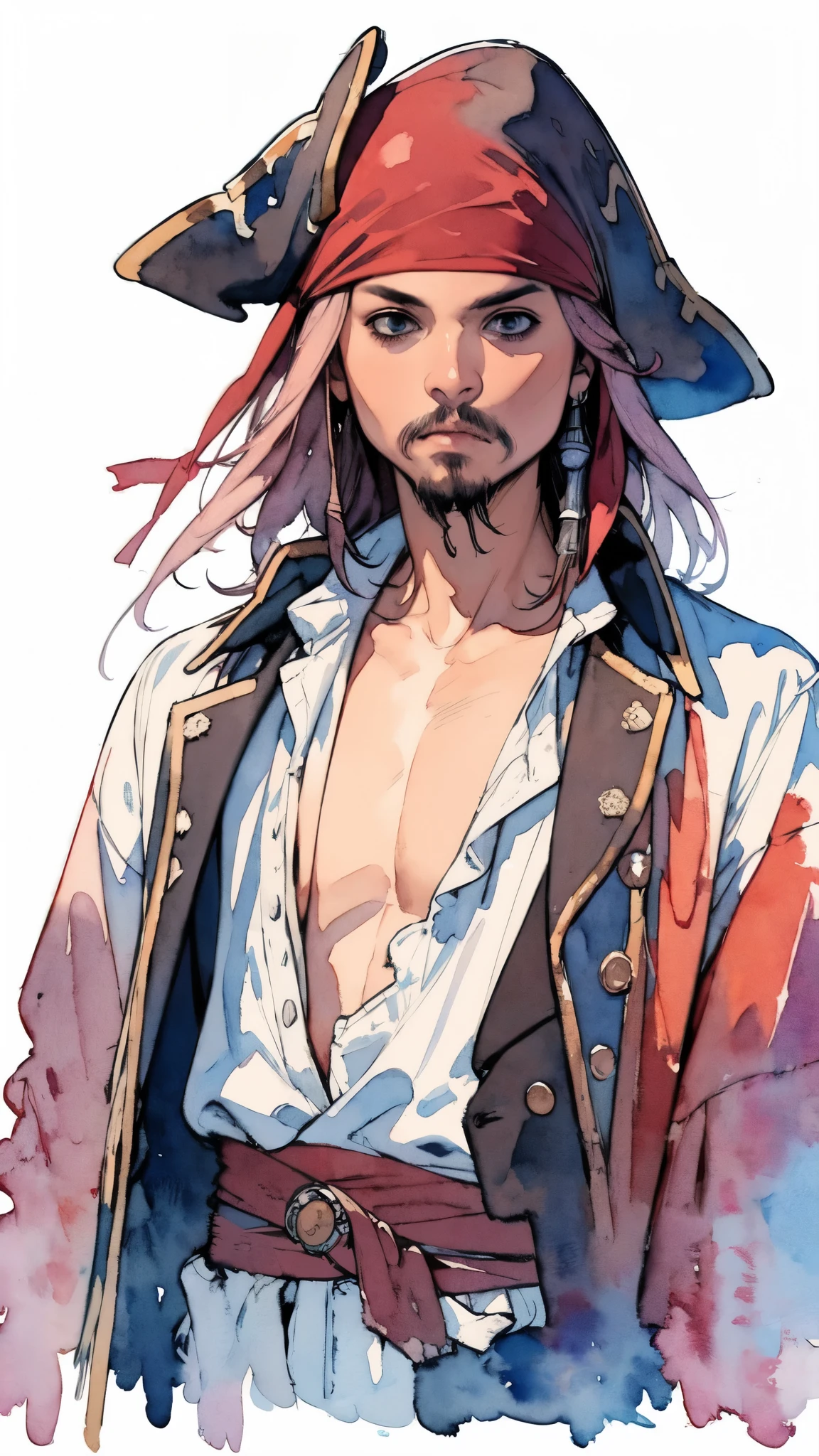 (masterpiece:1.2, Highest quality),8K,wallpaper,(Watercolor),(Jack Sparrow), Upper body close-up,front,Dressed in a pirate costume,Perfect Eyes,Detailed face,,Cool guy
