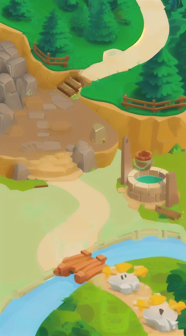 Cartoon illustration of a small zoo with a river and a bridge, Mobile game background, background technology, isometric Game assets, mobile Game assets, Isometric 2D Game Art, Isometric Game Art, Mobile Game Art, 2D Game Environment Design, 2D Game Background, 2D Game Art Background, Game assets, Odin's Stone Arena Background, Game Concept,bird nest,frog,mouse