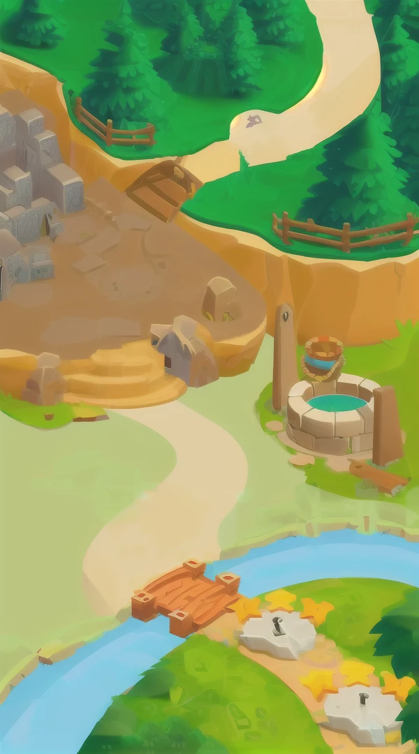 Cartoon illustration of a small zoo with a river and a bridge, Mobile game background, background technology, isometric Game assets, mobile Game assets, Isometric 2D Game Art, Isometric Game Art, Mobile Game Art, 2D Game Environment Design, 2D Game Background, 2D Game Art Background, Game assets, Odin's Stone Arena Background, Game Concept,bird nest,frog,mouse