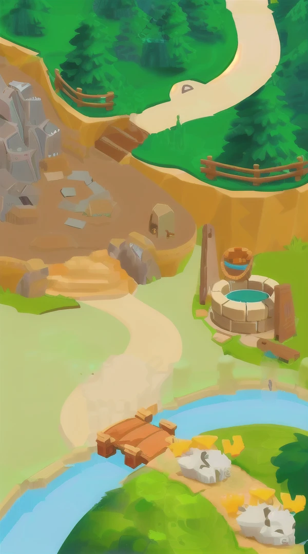 Cartoon illustration of a small zoo with a river and a bridge, Mobile game background, background technology, isometric Game assets, mobile Game assets, Isometric 2D Game Art, Isometric Game Art, Mobile Game Art, 2D Game Environment Design, 2D Game Background, 2D Game Art Background, Game assets, Odin's Stone Arena Background, Game Concept,bird nest,frog,mouse