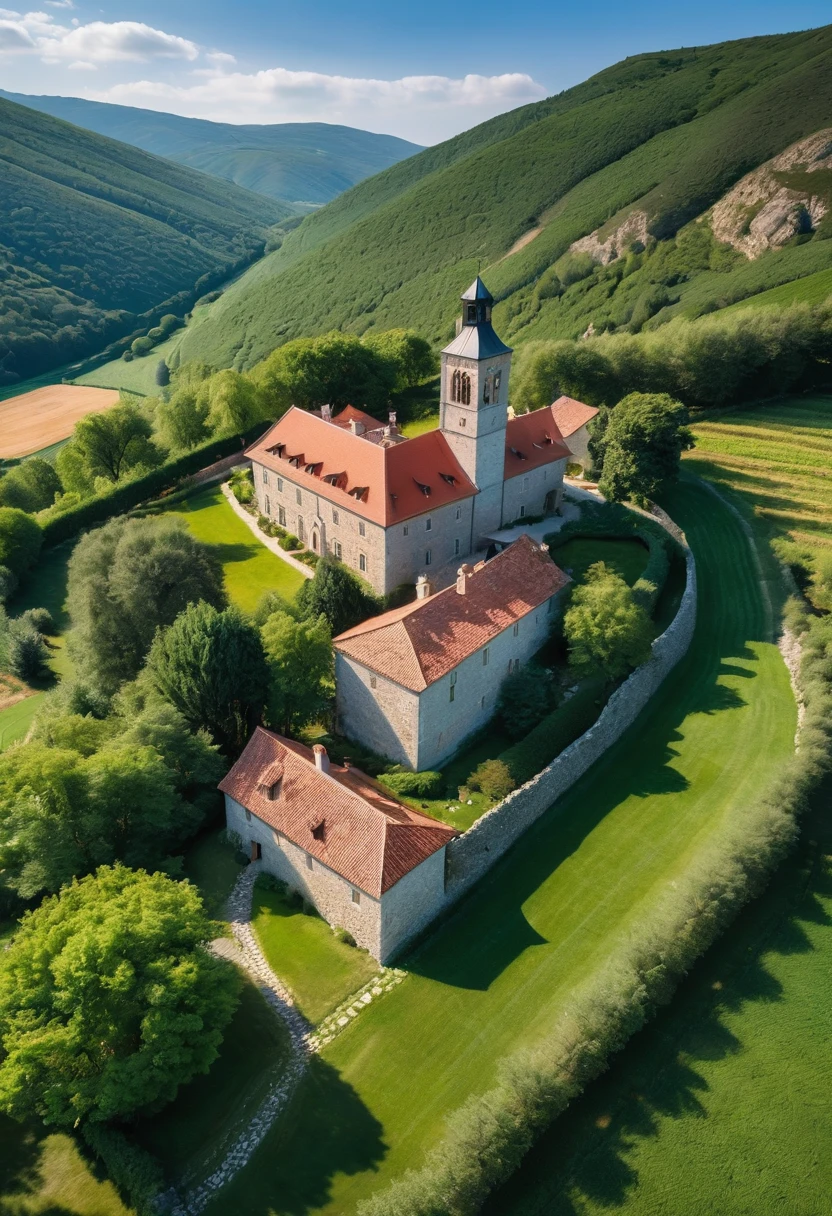 aerial view of a picturesque countryside with a historical estate. The estate features old stone buildings with red-tiled roofs and a prominent tower. A large boulder has rolled down from the nearby mountain, creating a deep path in its wake. The boulder has destroyed a part of the house in its path. Surrounding the estate are lush green fields and neatly arranged orchards. In the background, there is a dense forest at the base of rolling hills. The sky is clear with a few wispy clouds, casting a tranquil light over the entire scene.