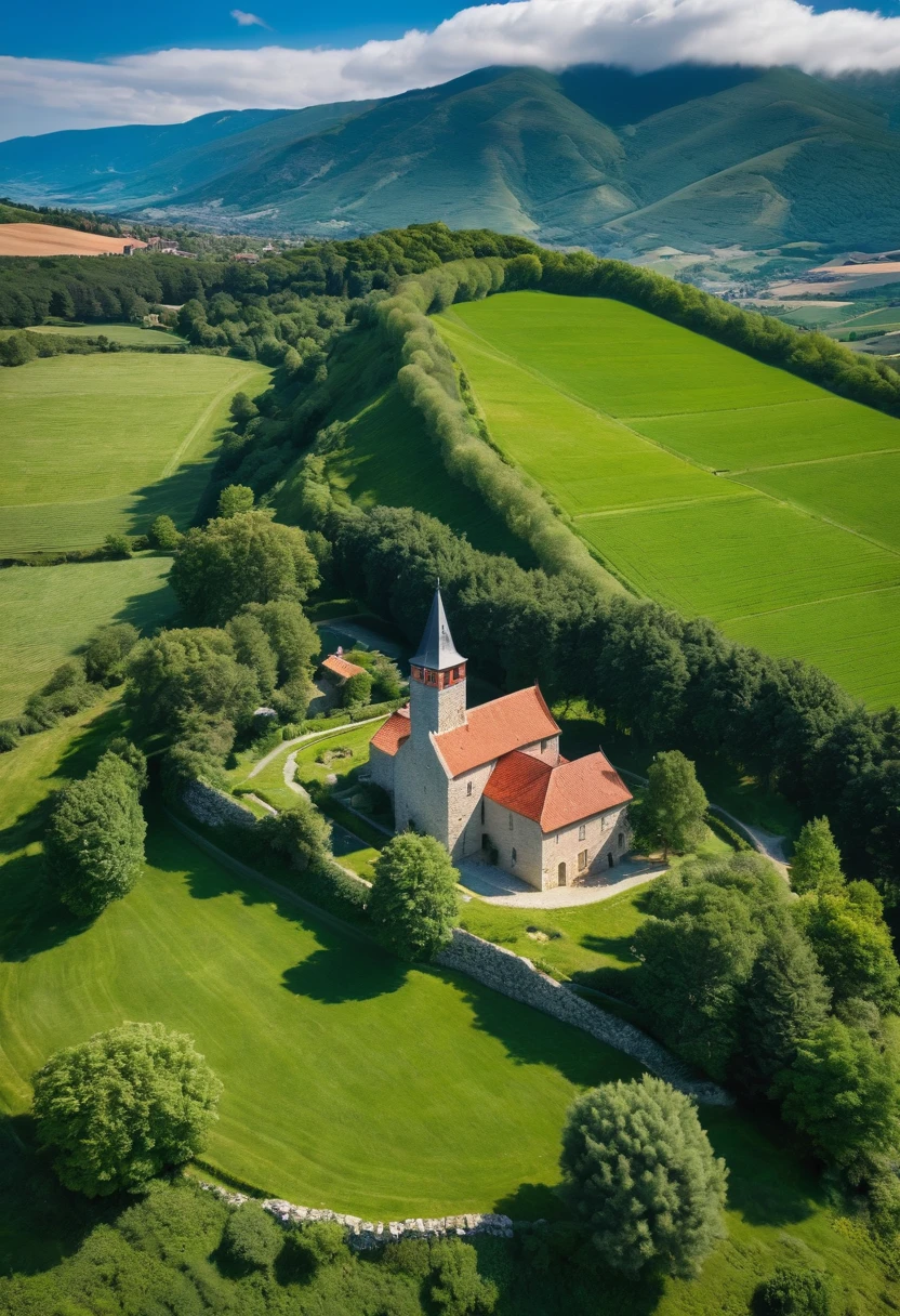 aerial view of a picturesque countryside with a historical estate. The estate features old stone buildings with red-tiled roofs and a prominent tower. A large boulder has rolled down from the nearby mountain, creating a deep path in its wake. The boulder has destroyed a part of the house in its path. Surrounding the estate are lush green fields and neatly arranged orchards. In the background, there is a dense forest at the base of rolling hills. The sky is clear with a few wispy clouds, casting a tranquil light over the entire scene.
