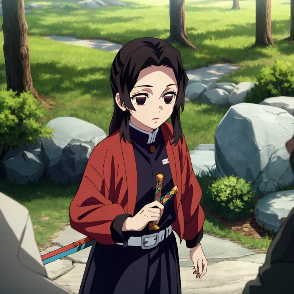 ((masterpiece, best quality, highres)), depth of field, BREAK, 1girl, standing, cowboy shot, holding sword,
BREAK, (outdoor, forest),
BREAK, brown eyes, white pupils, long hair, hair down, brown hair, red fade, BREAK, butterfly haori, black jacket, long sleeves, belt, pleated skirt, black skirt,