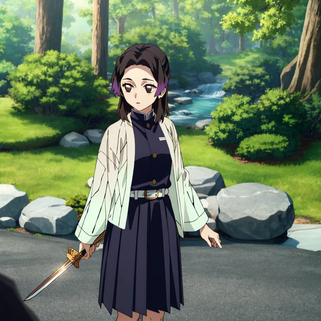((masterpiece, best quality, highres)), depth of field, BREAK, 1girl, standing, cowboy shot, holding sword,
BREAK, (outdoor, forest),
BREAK, brown eyes, white pupils, long hair, hair down, brown hair, red fade, BREAK, butterfly haori, black jacket, long sleeves, belt, pleated skirt, black skirt,