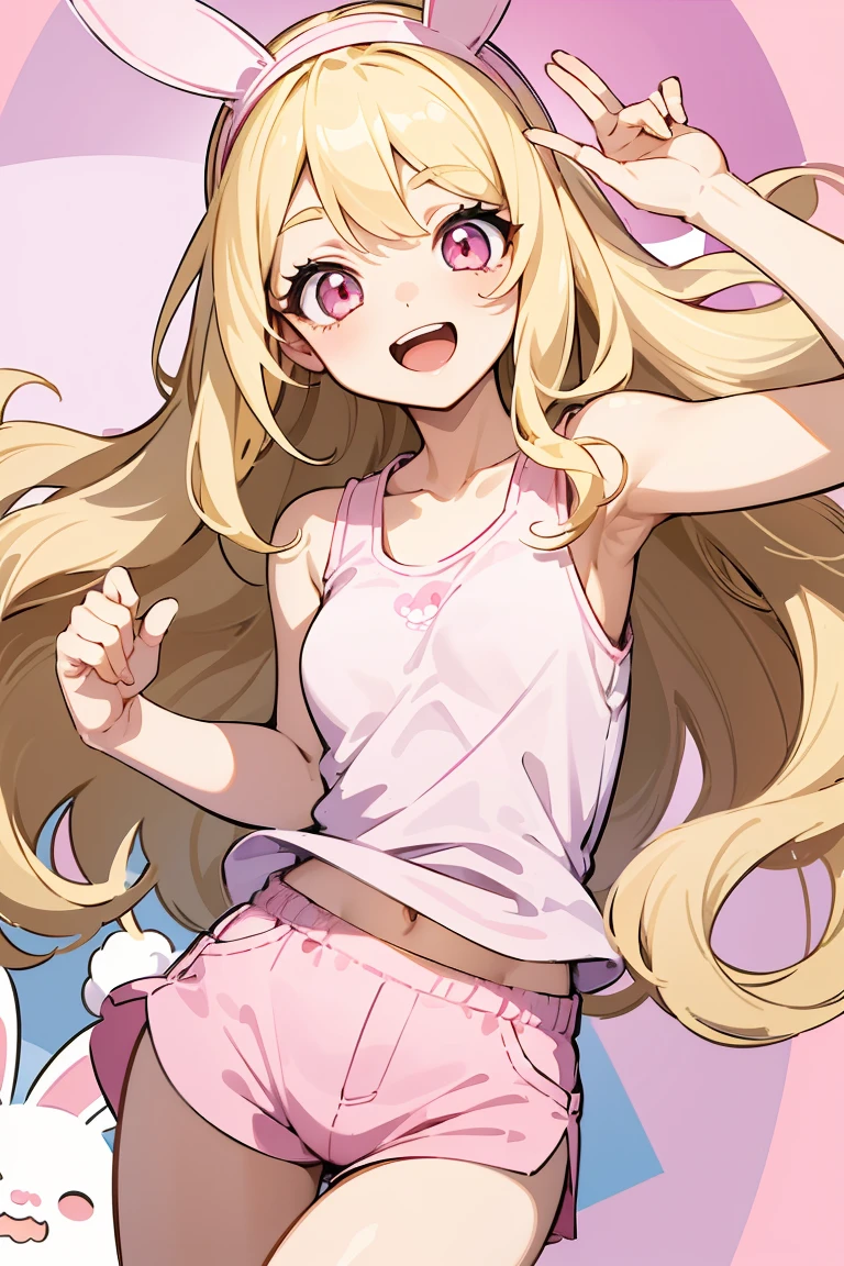 masterpiece, high quality, perfect face, high texture, 1 girl, 1 person, anime, cute face, insane expression, blonde hair, loose hair, long wavy hair, eyes open wide, big eyes, round eyes, pink eyes, small breasts, white tank top, pink woman short pants, look toward camera, smiling widely, pink bunny ribbon headband