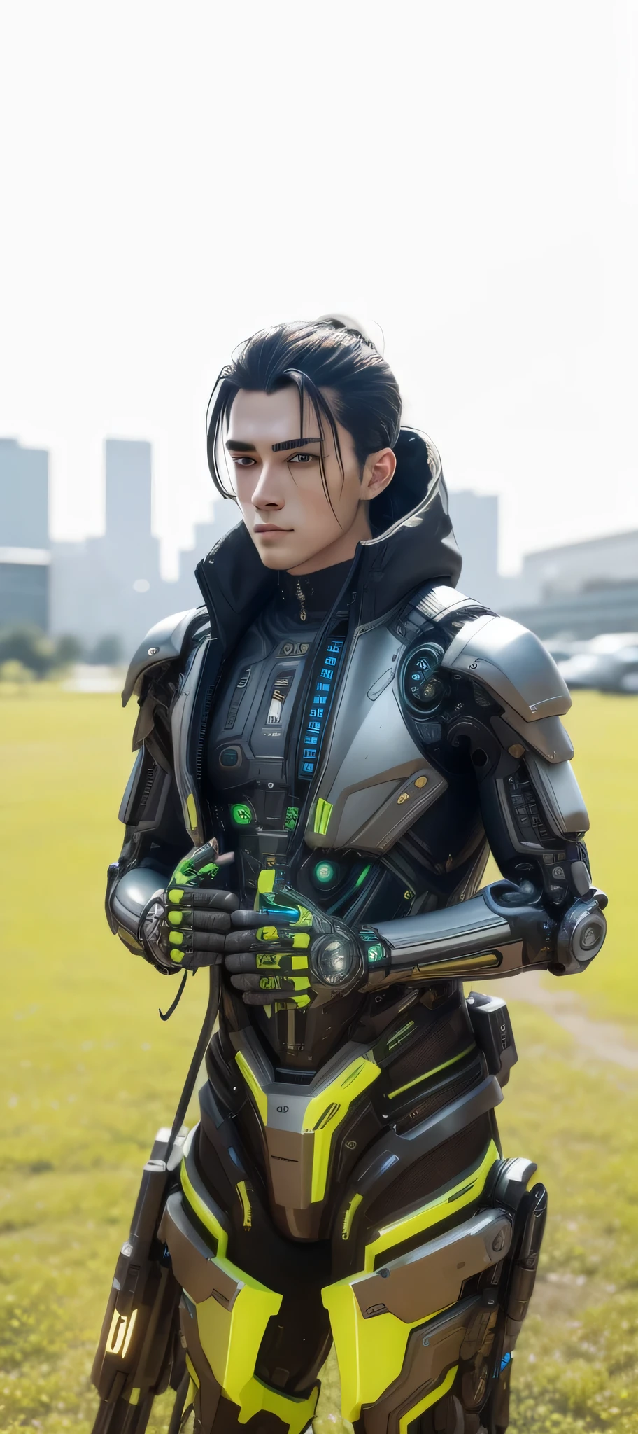 Center-center portrait of an ultra-detailed Mechanical Cyberpunk male Android, Looking at the camera, intricate, elegant, super highly detailed, suave, sharp focus, no blur, no, extreme illustration, unreal,  whole body (details), whole body very detailed