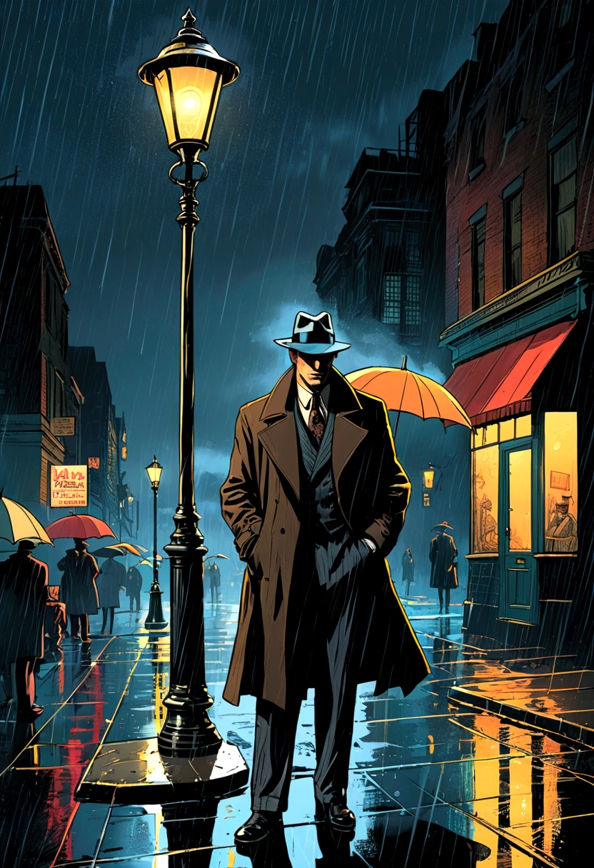 Location: 1920s Neo-noir street. Style: Frank Miller comic style sketch. Rainy, midnight, street lamp