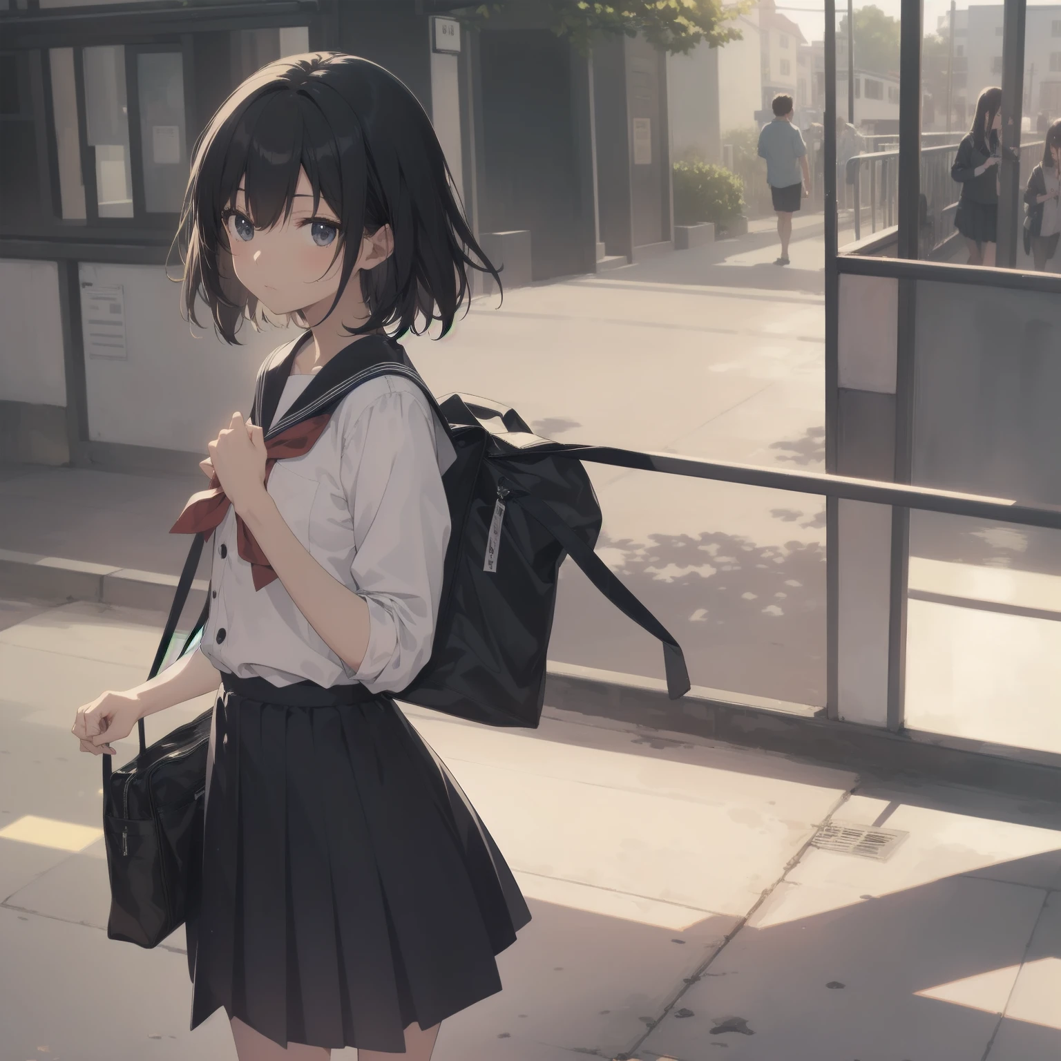 ultra-absurdres-Top quality by artist God, ultra-detailed, high resolution, anime moe artstyle, best anime 8k konachan wallpaper, pixiv contest winner, pool:2810, perfect anatomy,break, 1girl, (Please draw a girl walking sleepily to school alone. )break,(Solo,little female, 13-year-old:1.3),Full limbs, complete fingers,a junior high school student, (very short hair), short cut, flat chest, , small butt, small black eyes, beautiful detailed eyes, well-proportioned iris and pupils, expressive eyes, highres detailed hair, soft expression, salor school_uniform, sailor collar, serahuku, bow, pleated skirt,(Detailed Lighting), (Detailed background), in the School commute route. break,super detailed skin, Best cinematic lighting powered by famous artist, 8k,beauty illustration,photoshop_(medium),very aesthetic,break,((artist:toosaka_asagi )), artist:clamp ,artist:carnelian ,artist:kantoku ,