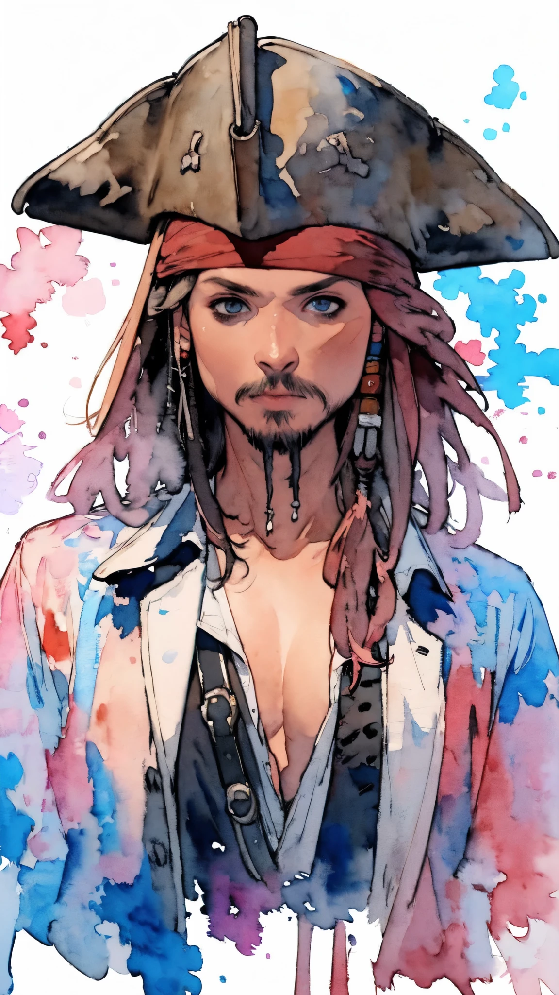 (masterpiece:1.2, Highest quality),8K,wallpaper,((Watercolor)),(Jack Sparrow), Upper body close-up,front,Dressed in a pirate costume,Perfect Eyes,Detailed face,,Cool guy