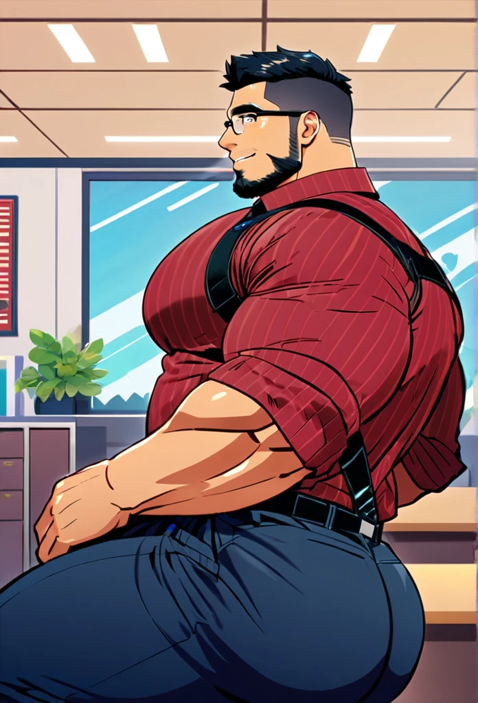 4k, masterpiece, high resolution:1.2, 1 man, solo, bara, muscular, big physique, crew cut hair, facial hair, chest, wide shoulder, big biceps, big thighs, big triceps, big butt, black hair, cute smile, friendly, standing in an office, wearing formal trousers, wearing formal stripes pattern office shirt, wearing glasses, upstairs office in the background, ultra detailed, shredded muscle, flat style (((wearing harness))) (((view from the side, thick huge ass, sitting on the table)))