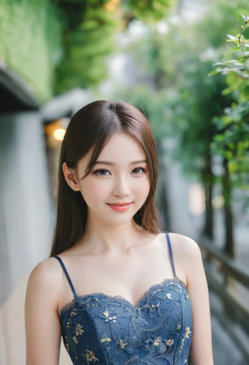 Leila、18-year-old、（Russian women）、（Cute face:1.3）、（Thin contours:1.3）、（Grey Eyes:1.3）、Black medium-long hair、（Big Breasts）、8-head-tall model style、Angle up to the knee、smile、White dress、Inside the city of Tokyo