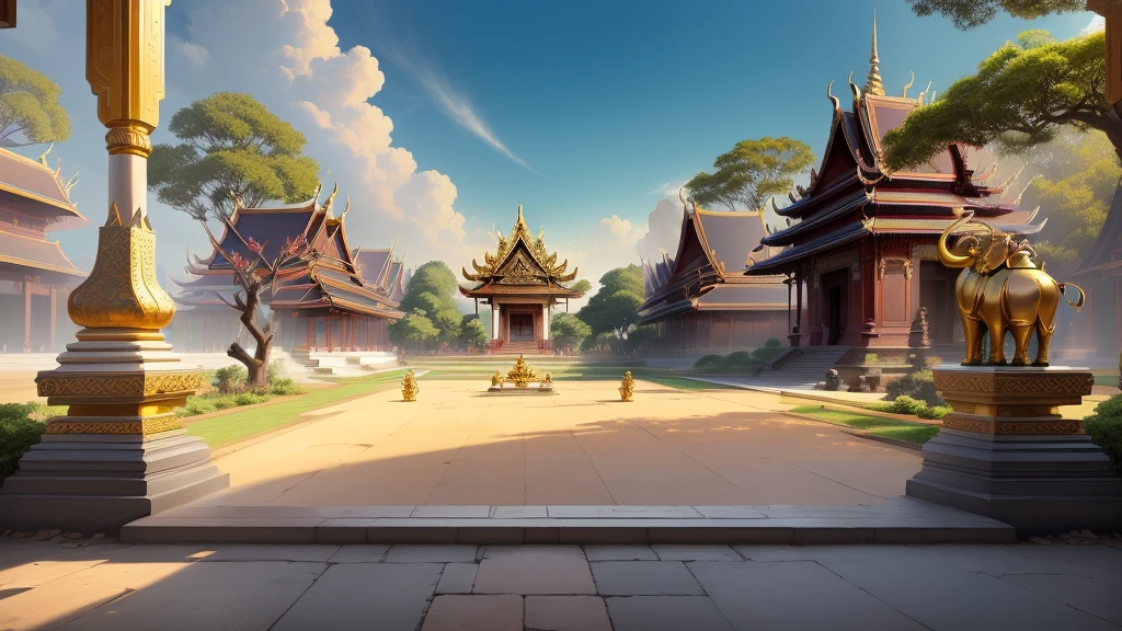 there is a painting of a courtyard with 2 gold elephants statue thailand and thailand temple, arena background, mobile game background, background art, background artwork, palace background, game background, temple background, volley court background, zen temple background, anime background art, royal garden background, amazing wallpaper, anime background, 2 d game art background, park background, anime scenery concept art, videogame background, Cassia fistula, far architect thailand, thailand temple, temple behind, thailand mood, thailand backgound