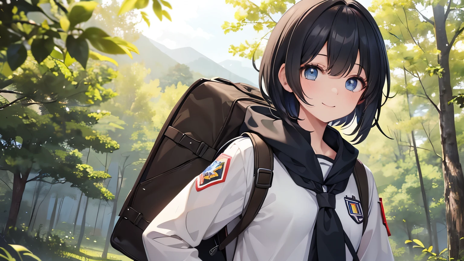 A 19-year-old girl with short shoulder-length black hair and blue eyes., dressed in a Boy Scout uniform. The girl is wearing an olive green shirt with badges and patches on the sleeves, a red scout scarf around the neck, And brown shorts. It is standing in a natural environment, surrounded by trees and vegetation, with a backpack slung over one shoulder and a confident smile on his face, ready for your next outdoor adventure.