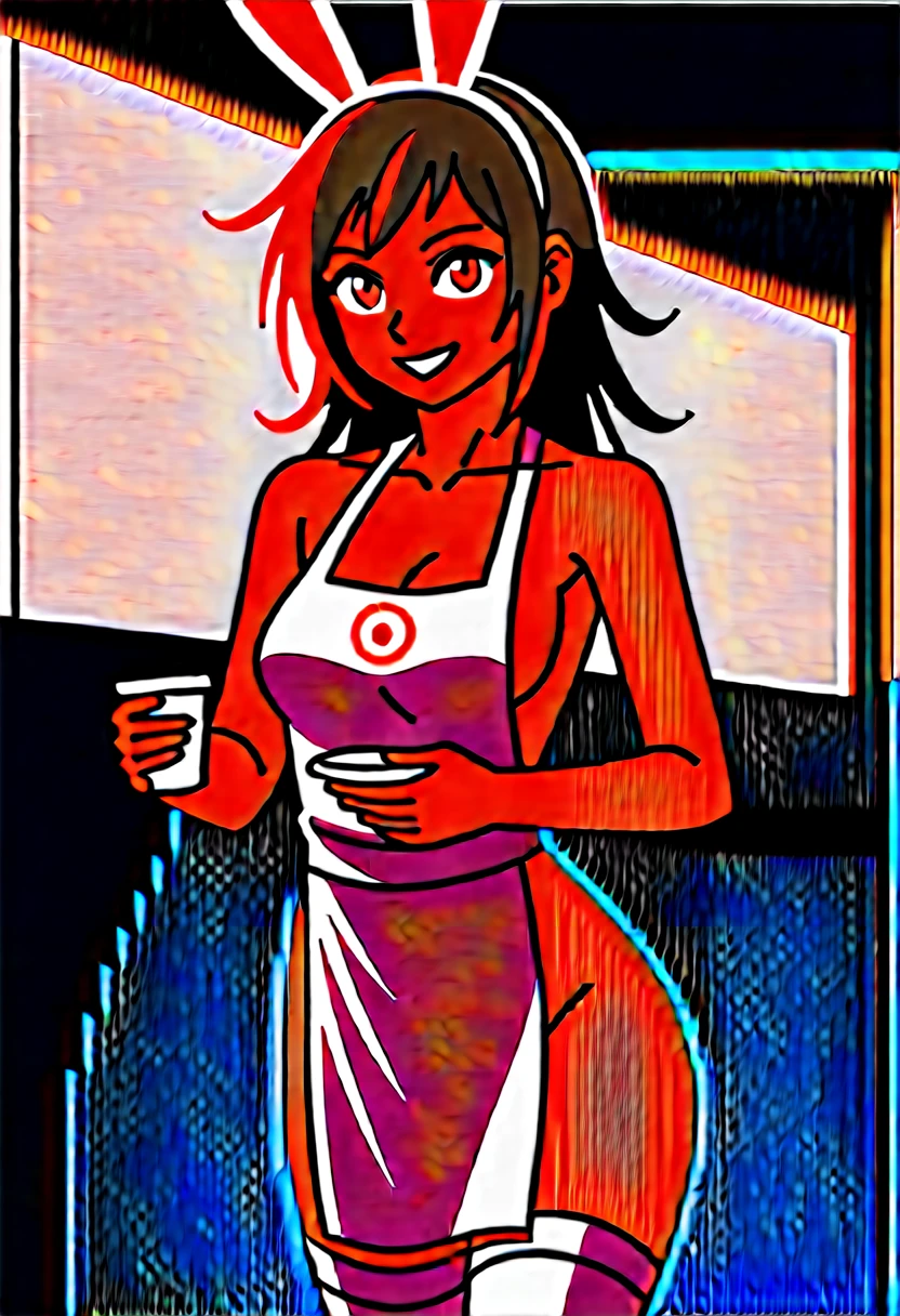 perfect dark skin, cute young girl, working in a cafe, nude, blushing, wearing a long apron, medium breasts, cleavage, totally nude, final fantasy 14 logo on apron, white thighhighs, serving coffee, long jet black, red highlights in hair, pretty red eyes, rabbit ears, ultra detailed, masterpiece, soft lighting, smiling, perfect anatomy, perfect hands, best quality, materpeice:1.2