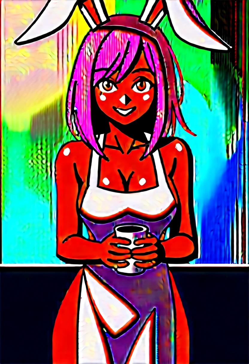 perfect dark skin, cute young girl, working in a cafe, nude, blushing, wearing a long apron, medium breasts, cleavage, totally nude, final fantasy 14 logo on apron, white thighhighs, serving coffee, long jet black, red highlights in hair, pretty red eyes, rabbit ears, ultra detailed, masterpiece, soft lighting, smiling, perfect anatomy, perfect hands, best quality, materpeice:1.2