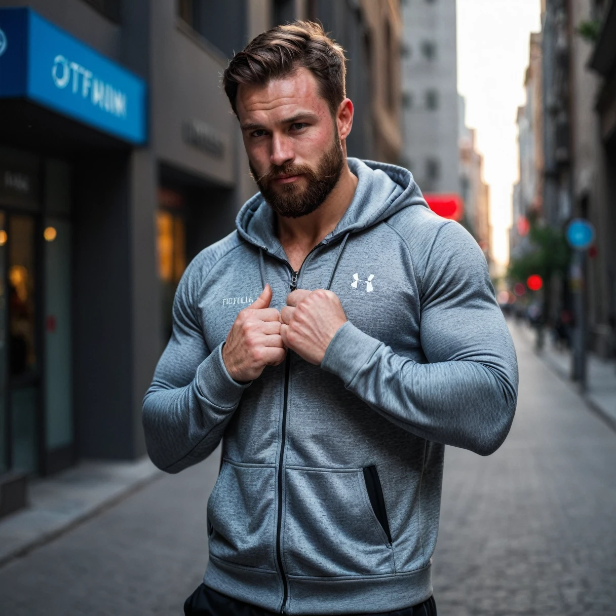 RAW-Foto, Full body shot of the man, handsome man with beard, he shows his muscles in a bodybuilding pose, walks along the street, standing in the city, has put on a sporty hoodie, Hoodie in the color grey, Tesla brand logo on the jacket, detailed face, blue eyes, (highly detailed skin:1.2), 8K  UHD, dslr, soft lighting, good quality, film grain, Fujifilm XT3 dappled light on the face, pale skin, Hautporen, oiled, shiny skin, skin blemishes, impure skin, complicated skin details, visible skin detail, detailed skin structure, Blush, folds, Vitiligo spots, moles, Blackheads, Blackheads, white pimples, red pimples, Schönheitsfleck, Hautflaum, [[[[[freckles]]]]] (perfect eyes), ((perfect hands with four fingers and one thumb each))