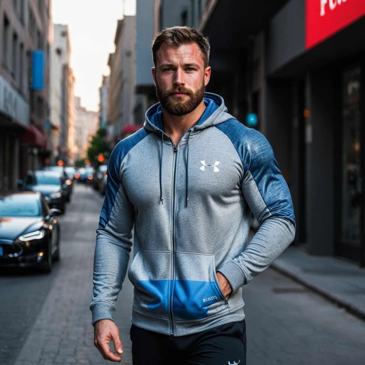 RAW-Foto, Full body shot of the man, handsome man with beard, he shows his muscles in a bodybuilding pose, walks along the street, standing in the city, has put on a sporty hoodie, Hoodie in the color grey, Tesla brand logo on the jacket, detailed face, blue eyes, (highly detailed skin:1.2), 8K  UHD, dslr, soft lighting, good quality, film grain, Fujifilm XT3 dappled light on the face, pale skin, Hautporen, oiled, shiny skin, skin blemishes, impure skin, complicated skin details, visible skin detail, detailed skin structure, Blush, folds, Vitiligo spots, moles, Blackheads, Blackheads, white pimples, red pimples, Schönheitsfleck, Hautflaum, [[[[[freckles]]]]] (perfect eyes), ((perfect hands with four fingers and one thumb each))