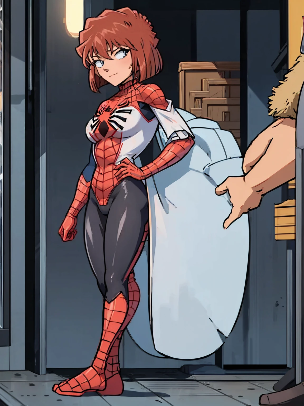 1girl, haibara ai,as spiderman,wear spiderman clothes no mask,solo,high quality, buildings behind her,