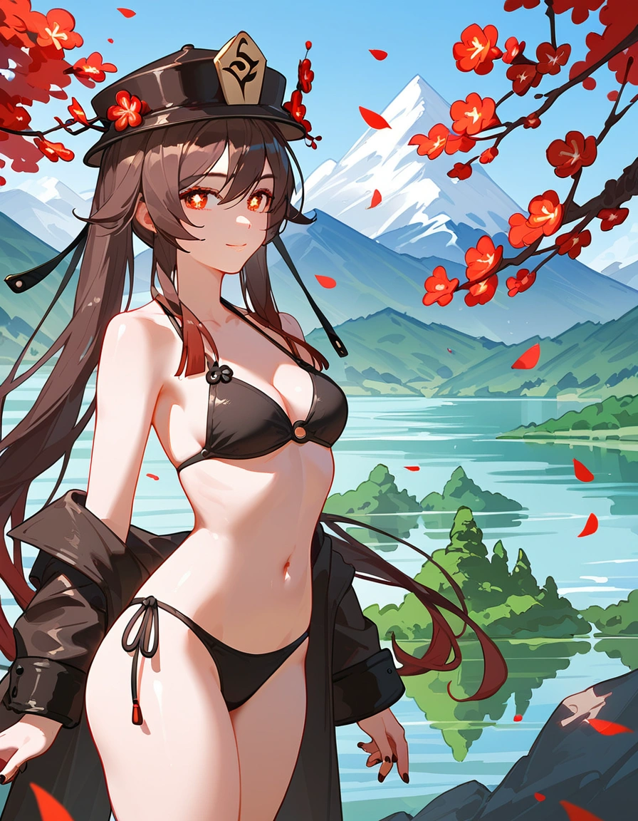 score_9, score_8_up, score_9_up, , masterpiece, high quality, highly detailed, 1girl, hu tao, thin waist, bikini, lake, mountains,