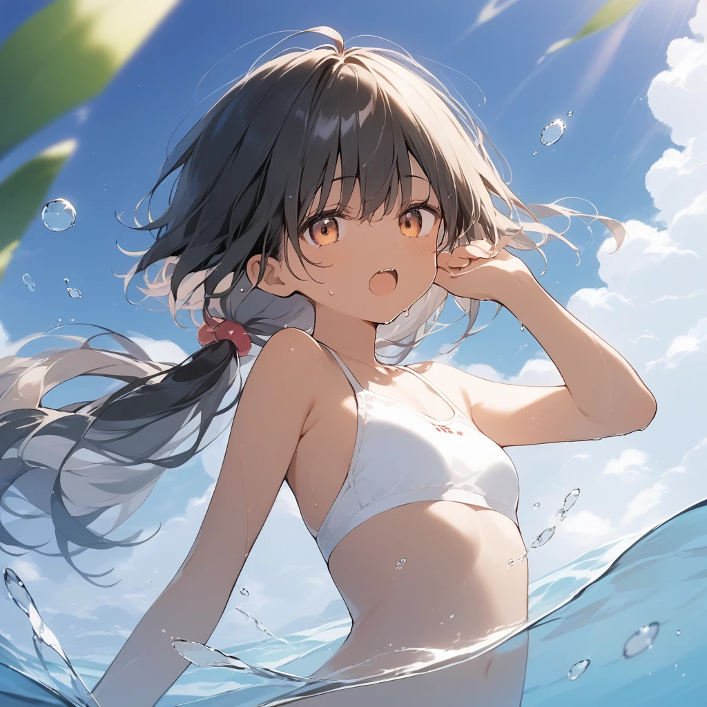 score_9, score_8_up, score_7_up, source_anime, best quality, masterpiece, official art, absurdres, highres, ultra-detailed,waifu2x,Collection: Slice of Life,break,1girl, tomboy, dark-skinned female, short hair, low ponytail, small breasts, beautiful detailed eyes, swimsuit, sweat, open mouth, (yawn:0.3), sleepily, swimming, outdoors, wind, break,(clear line illustration:1.2),very high resolution, very aesthetic, super detailed skin, Best sexual lighting powered by famous artist, 8k,cute picture,beauty illustration,photoshop_(medium),,(Detailed Lighting),best anime 8k konachan wallpaper, pixiv contest winner,