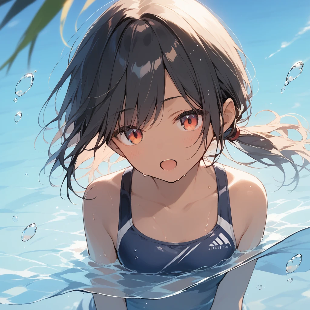 score_9, score_8_up, score_7_up, source_anime, best quality, masterpiece, official art, absurdres, highres, ultra-detailed,waifu2x,Collection: Slice of Life,break,1girl, tomboy, dark-skinned female, short hair, low ponytail, small breasts, beautiful detailed eyes, swimsuit, sweat, open mouth, (yawn:0.3), sleepily, swimming, outdoors, wind, break,(clear line illustration:1.2),very high resolution, very aesthetic, super detailed skin, Best sexual lighting powered by famous artist, 8k,cute picture,beauty illustration,photoshop_(medium),,(Detailed Lighting),best anime 8k konachan wallpaper, pixiv contest winner,