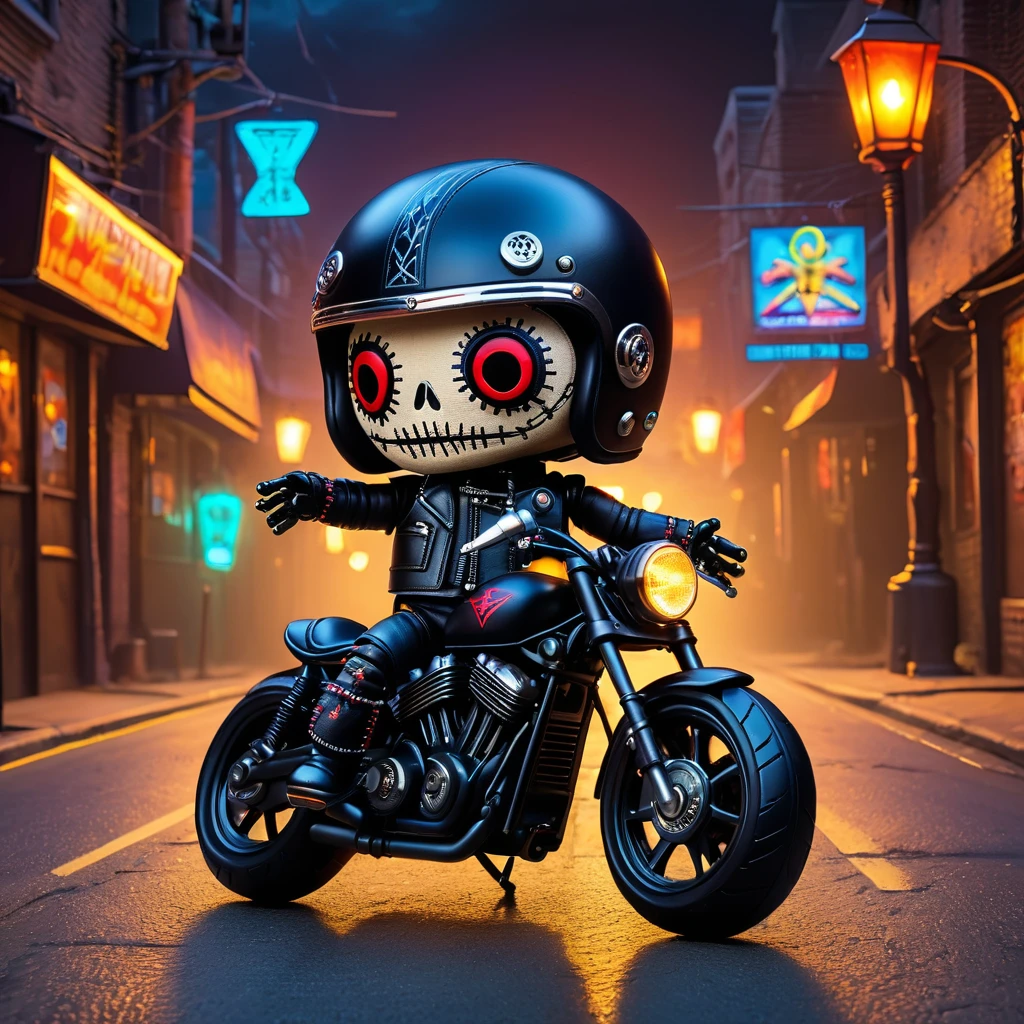 (knitted voodoo doll toy:1.7), (voodoo biker doll:1.3), (clothing: black leather vest:1.0), (accessories: enchanted motorcycle helmet that emits a metallic glow:1.1), (background: city street with hovering motorcycles, glowing street lamps and spectral tire tracks:1.2), best quality, masterpiece, detailed soft oil painting, detailed background, dramatic cinematic lighting, soft edge lighting, professional, dramatic lighting, hard edge lighting, ultra quality, 4k, masterpiece, best quality, 8k, ultra high definition, high resolution, extremely detailed