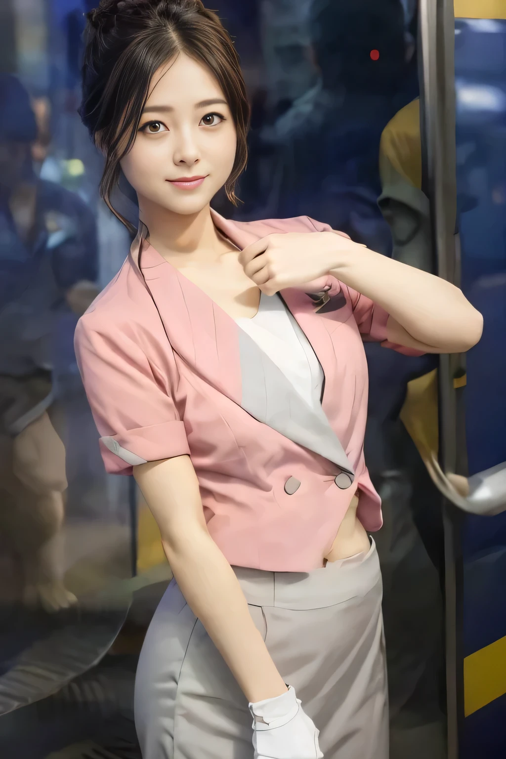 (masterpiece:1.2, Highest quality:1.2), 32k HDR, High resolution, (alone、1 girl)、 (Height: 160cm)、(On the rooftop of a building in the daytime、Professional Lighting)、Building rooftop background、(Nankai train crew uniform pinkを着たリアルスタイル)、(Nankai train crew uniform pink short sleeve collarless pink jacket、Nankai Train Crew Uniform Pink Collarless Short Sleeve Blouse、Nankai Train Crew Uniform Pink Grey Knee-length Culottes)、(The pink jacket is showing from the culottes.)、Dark brown hair、(Hair tied up、Hair tied up、Evening curly hairstyle)、Dark brown hair、Long Shot、Big Breasts、Thin legs、((Great hands:2.0)),((Harmonious body proportions:1.5)),((Normal limbs:2.0)),((Normal finger:2.0)),((Delicate eyes:2.0)),((Normal eyes:2.0)))、smile、(Nankai Train Crew Uniform Pink Grey Knee-length Culottesを見せた美しい歩く姿)、Place your hands around your stomach