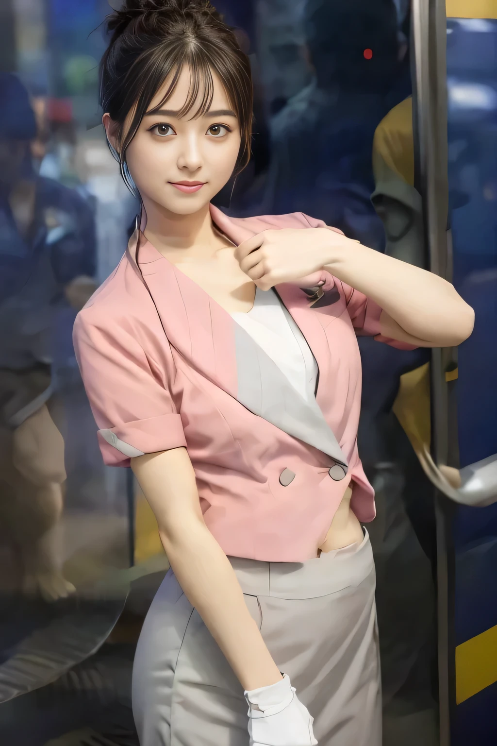 (masterpiece:1.2, Highest quality:1.2), 32k HDR, High resolution, (alone、1 girl)、 (Height: 160cm)、（On the rooftop of a building in the daytime、Professional Lighting）、Building rooftop background、（Nankai train crew uniform pinkを着たリアルスタイル）、（Nankai train crew uniform pink short sleeve collarless pink jacket、Nankai Train Crew Uniform Pink Collarless Short Sleeve Blouse、Nankai Train Crew Uniform Pink Grey Knee-length Culottes）、（The pink jacket is showing from the culottes.）、Dark brown hair、（Hair tied up、Hair tied up、Evening curly hairstyle）、Dark brown hair、Long Shot、Big Breasts、Thin legs、（（Great hands：2.0）），（（Harmonious body proportions：1.5）），（（Normal limbs：2.0）），（（Normal finger：2.0）），（（Delicate eyes：2.0）），（（Normal eyes：2.0））)、smile、（Nankai Train Crew Uniform Pink Grey Knee-length Culottesを見せた美しい歩く姿）、Place your hands around your stomach