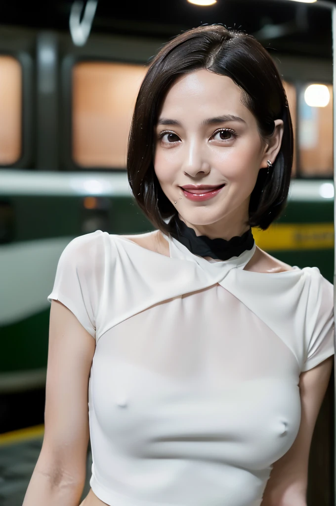 (((Ultimate Photorealistic, ultimate high-quality 32k photo))),(((American-shot photo taken from the front, looking at viewer seriously ))),(((( Seductive pose, 7 heads、Staring Intently :1.8)))),(((A simple and elegant short-sleeved business blouse made of pure white, extremely thin fabric with a wide V-neck., Soaking wet、She is looking straight at the camera with a very shy look on her face.。light makeup、elegant black wet middle bob。An elegant white very thin choker:1.4)))。((Highest quality)), ((masterpiece)), (((detailed))), (midnight ,A modern train station platform in Tokyo on a dark, pouring, stormy night, Low Key Lighting:1.6)、(((A very beautiful, extremely elegant and intelligent 42 year old Japanese woman。A feminine, curvaceous body。An extremely elegant, calm and modest smile, Being drunk、My eyes are quite watery、I'm very horny、embarrassed ,blush, Curvy Body、Extremely realistic, detailed and beautiful depiction of the face and waist:1.9)))、(((The skin is white and very smooth。A very hot rainy summer night、I'm pretty sweaty、My clothes were soaked and pretty see-through.、When wet, it sticks tightly to the skin, revealing the beautiful lines of the body.、The skin is clearly visible through the extremely thin fabric.:1.9)))。(((A simple and elegant business pencil skirt in a plain navy blue knee-length,The clothes fit the body very well:1.8))), ((Healthy Body、The line of the chest, collarbone and décolletage are extremely beautiful.:1.9))。(((large&good hips、large&nice chests )))