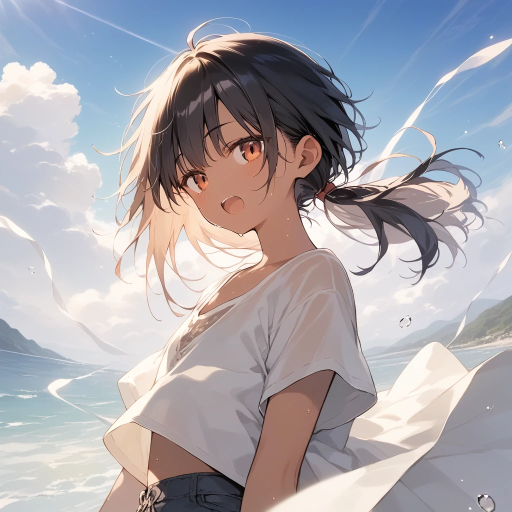 score_9, score_8_up, score_7_up, source_anime, best quality, masterpiece, official art, absurdres, highres, ultra-detailed,waifu2x,Collection: Slice of Life,break,1girl, tomboy, dark-skinned female, short hair, low ponytail, flat chest, beautiful detailed eyes, short shorts, sweat, open mouth, (yawn:0.3), sleepily, outdoors, wind, break,(clear line illustration:1.2),very high resolution, very aesthetic, super detailed skin, Best sexual lighting powered by famous artist, 8k,cute picture,beauty illustration,photoshop_(medium),,(Detailed Lighting),best anime 8k konachan wallpaper, pixiv contest winner,