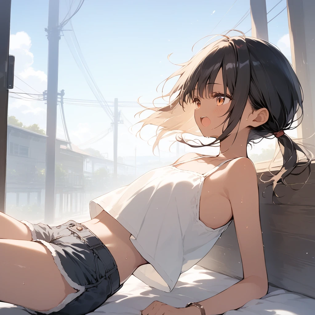 score_9, score_8_up, score_7_up, source_anime, best quality, masterpiece, official art, absurdres, highres, ultra-detailed,waifu2x,Collection: Slice of Life,break,1girl, tomboy, dark-skinned female, short hair, low ponytail, flat chest, beautiful detailed eyes, short shorts, sweat, open mouth, (yawn:0.3), sleepily, outdoors, wind, break,(clear line illustration:1.2),very high resolution, very aesthetic, super detailed skin, Best sexual lighting powered by famous artist, 8k,cute picture,beauty illustration,photoshop_(medium),,(Detailed Lighting),best anime 8k konachan wallpaper, pixiv contest winner,