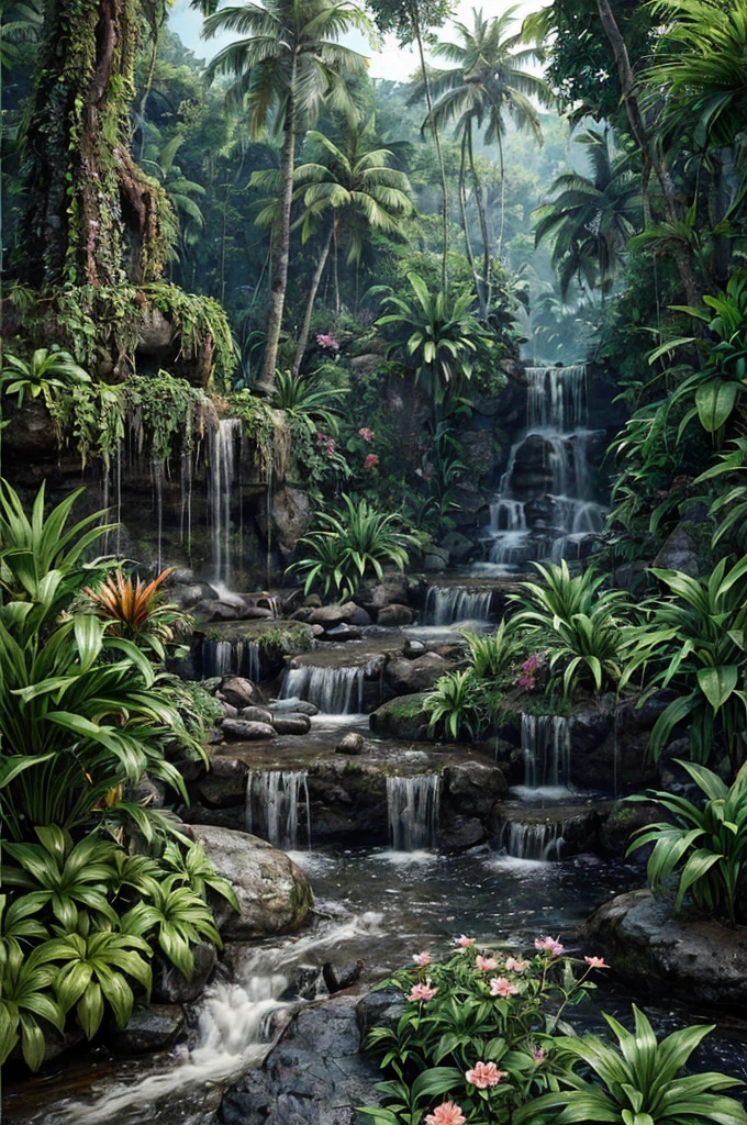 unreal engine 5 render, jungle, river, flowers, extremely detailed, colorful