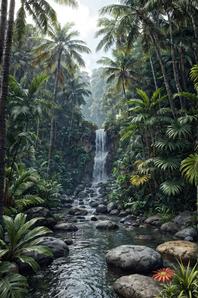 unreal engine 5 render, jungle, river, flowers, extremely detailed, colorful