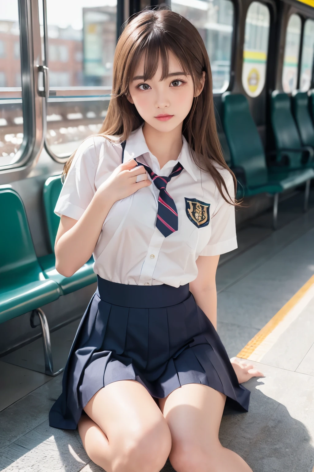 (Showing off panties:1.2), (Professional portrait, Realistic and perfectly shaped subjects:1.3), (masterpiece, highest quality:1.2), (Realistic, Ultra-realistic, Realistic:1.3), (ultra High resolution), High resolution, Intricate details, Super detailed, (Highly detailed CG, unity 8k wallpaper:1.3), Clear image,
break
(1 Japanese girl, ), (cute, Slender figure), (Perfect Anatomy, Correct limbs:1.2), (Perfect hands), Perfect Arms, Beautiful and delicate face down to the last detail, Beautiful and delicate eye and eye highlights, (Very thin and delicate、not too long lashes), (Captivating eyes, Beautifully detailed eyes and face), light makeup, Pink Lip, Lip gloss, Stylish face, (Shiny skin, Realistic skin detail), Brown Hair, Plump breast,
break
((school uniform)), (High school girl), (Black socks), shirt open
break
Sitting in the train station, (Cowboy Shot), break 
(((blush:1.4))), ((Embarrassing:1.4)), (((shy:1.5)))
break
from below
break