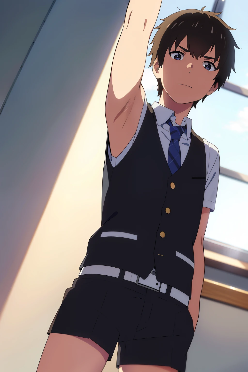 shinkai makoto, kimi no na wa, Highres, Masterpiece, Best quality at best,Best Quality,hight quality, hight detailed, Anime style, 1boy, Shota, young boy, Solo person, office, Sleeveless shirt, Tie, Seen from the front, look at viewer, (very young boy), (very small and short body), 12-year-old boys, (Showing armpit:1.3), hansome boy