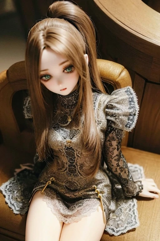 photorealistic, realistic photo, ((highest quality)), ((masterpiece)), kukolnydom, doll, (mature woman:1.6), solo, ((eye level shot, sitting on sofa, reclining on sofa, skinny, slender, slim, brown hair, parted lips)), hairband, detailed face, green eyes, (looking down:1.3), (eyes out of focus, emotionless eyes, blank stare, empty eyes, detailed eyes), blouse, castle, 8k