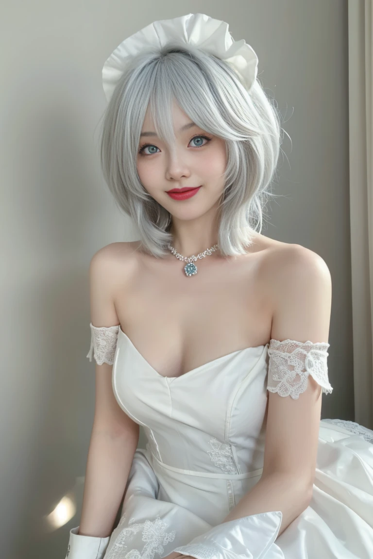 ((Best Quality, 8K, Masterpiece: 1.3)), ferpect lighting, Glowing skin, 1girl, Slim Belly Beauty: 1.3,(medium Breasts: 1.2), Dress: 1.1, Super Delicate Face, Delicate Eyes, Double Eyelids, Smile, Home, short hair, white hair, hat, Bangs, (maid dress:1.5), Bare shoulders, standing, upper body, smile,