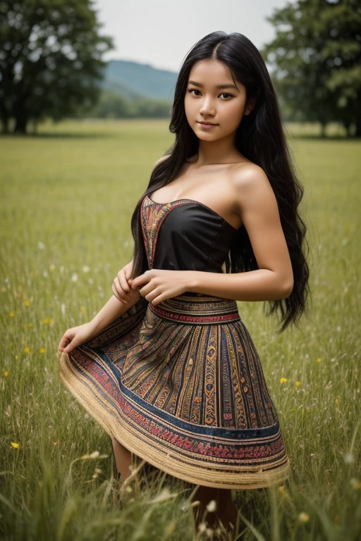 16 years old Floresian young girl long black hair. Perfect face, beautiful breast, typical skin color but prefect and clean. Wearing sleeveless strapless Floresian traditional songke dress; black songke with traditional songke weaving pattern, ranggong pattern. Dance in grass field, (high quality), ((best quality)), ((masterpiece)), (detailed), 8K, Hyper-realistic, Bokeh, Full-Body Portrait, dynamic pose.