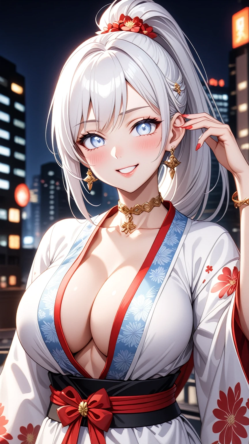 ((One personの女性)), Beautiful Face, (Laughing embarrassedly), (laugh:1.2),((Wink:1.9)), (head tilt:1.3), Laugh with your mouth wide open, upper teeth, ((waving at viewer)), ((Bright red cheeks:1.4)),Glossy Red Lips,night, Skyscraper rooftop, firework, Shining Face, ((Anime style background)),masterpiece, Highest quality, so beautiful,up to date, Complex details, (Pink long nails),(ring),(bracelet),(Floral choker),AI-generated, Complex,High resolution, Highest quality, super high quality,3D Images、3D Images,One person,Long white hair,High Ponytail, Anime woman posing for a photo,(blue eyes), ((Fine grain、Silvery white, lightly pigmented eyes、Shining Eyes:1.4)), (Squint your eyes:1.1), a hyperRealistic , hyperRealistic , Realistic,Anime woman with long white hair, Smooth anime CG art, A woman in a colorful kimono with gold embroidery, (Black long sleeve kimono),Red floral pattern,Long flower hair ornament,Floral Earrings,Mature Body,(Big Breasts:1.1),Tall,Abdominal muscles,Tight waist, (Zoom in on face:1.6), (front view),