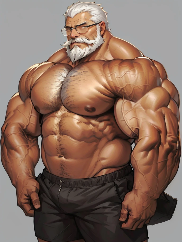 solo, 1boy, Huge Muscular Old man wearing glasses , pectoral, thick arms, huge pectoral, wide pectoral, short white hair, short pants and shirtless, bearded, mustache, simple background, masterpiece, high detailed, 8k, high resolution