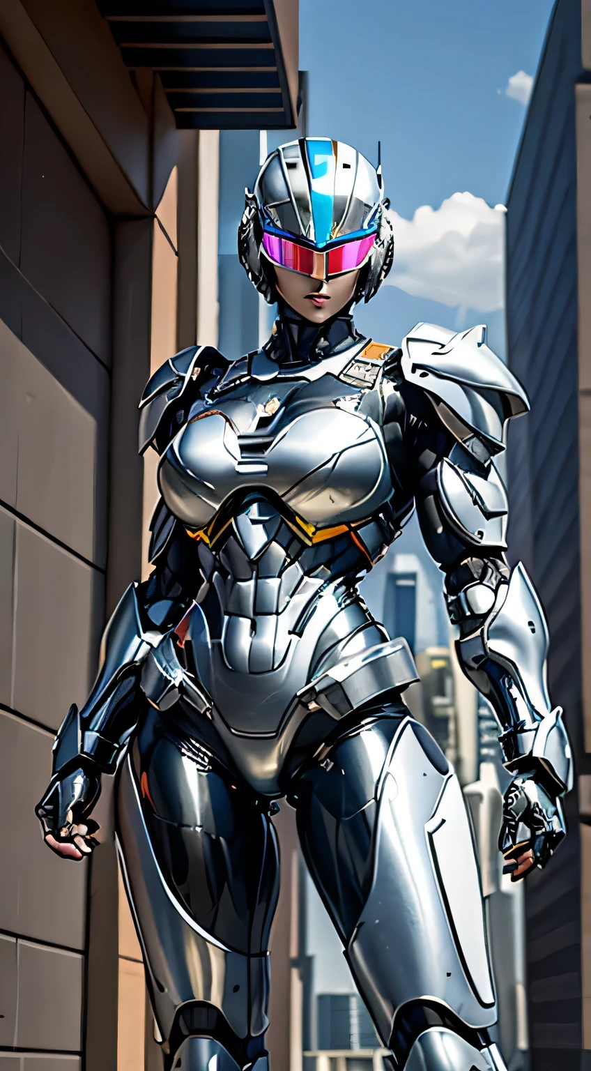 Female Robocop Solo、Bright outdoors、strong light source、8K, high quality, masterpiece, 最high quality, Crisp contrast、Very detailed、Full body armor、Very large armor、Helmet covering the head、Clear photos、His eyes are hidden by thin straight goggles:1.3、The lower half of the face is raw々Shii:1.5、The lower half of the face is exposed、Seductive lips、Rainbow and white metallic armor、Armor that completely covers the chest、Long, slender legs、Vibrant Posselo Body View,Big and ample breasts:1.5, (Sports Body:1.5)、Five Fingers、Hold a handgun、In the city