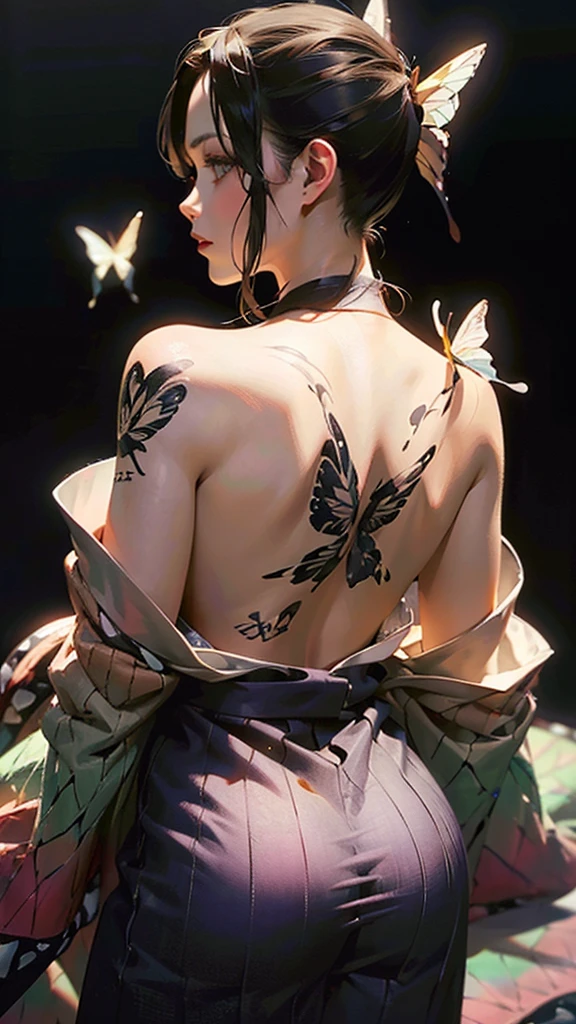 a woman wearing a traditional japanese kimono, ((large butterfly tattoo on her back)), beautiful detailed eyes, beautiful detailed lips, extremely detailed eyes and face, long eyelashes, detailed intricate kimono patterns, cinched waist, flowing sleeves, traditional japanese hairstyle, natural lighting, warm color tones, ((large butterfly tattoo on her back))(best quality,4k,8k,highres,masterpiece:1.2),ultra-detailed,(realistic,photorealistic,photo-realistic:1.37),cinematic lighting,vibrant colors,detailed texture,intricate details,seamless,elegant,beautiful,graceful