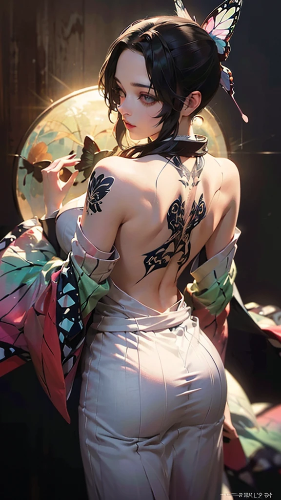 a woman wearing a traditional japanese kimono, ((large butterfly tattoo on her back)), beautiful detailed eyes, beautiful detailed lips, extremely detailed eyes and face, long eyelashes, detailed intricate kimono patterns, cinched waist, flowing sleeves, traditional japanese hairstyle, natural lighting, warm color tones,  ((large butterfly tattoo on her back))(best quality,4k,8k,highres,masterpiece:1.2),ultra-detailed,(realistic,photorealistic,photo-realistic:1.37),cinematic lighting,vibrant colors,detailed texture,intricate details,seamless,elegant,beautiful,graceful