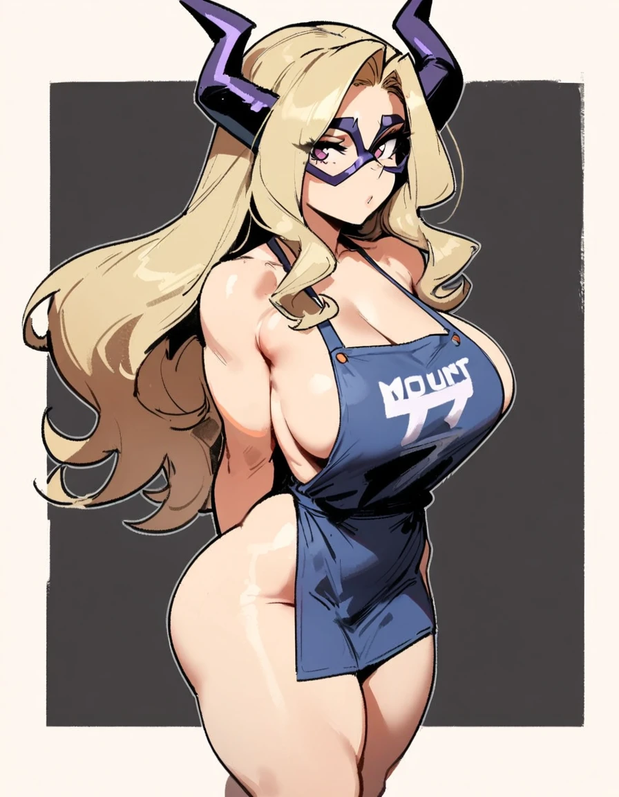 1girl, mount lady, boku no hero academia \\\\\ masterpiece, best quality, very aesthetic, absurdres, newest \\\\\\ sportive body, \\\\\\ by dodok, nyantcha, cutesexyrobutts, by khyle ///// blonde, purple eyes, , 24 years old,, wearing only apron, big tits, naked, rating general, hands behind back