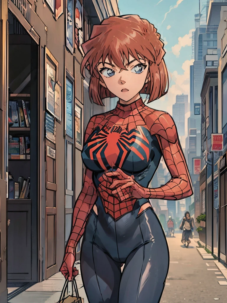 1girl, haibara ai,as spiderman,wear spiderman clothes no mask,solo,high quality, buildings behind her,