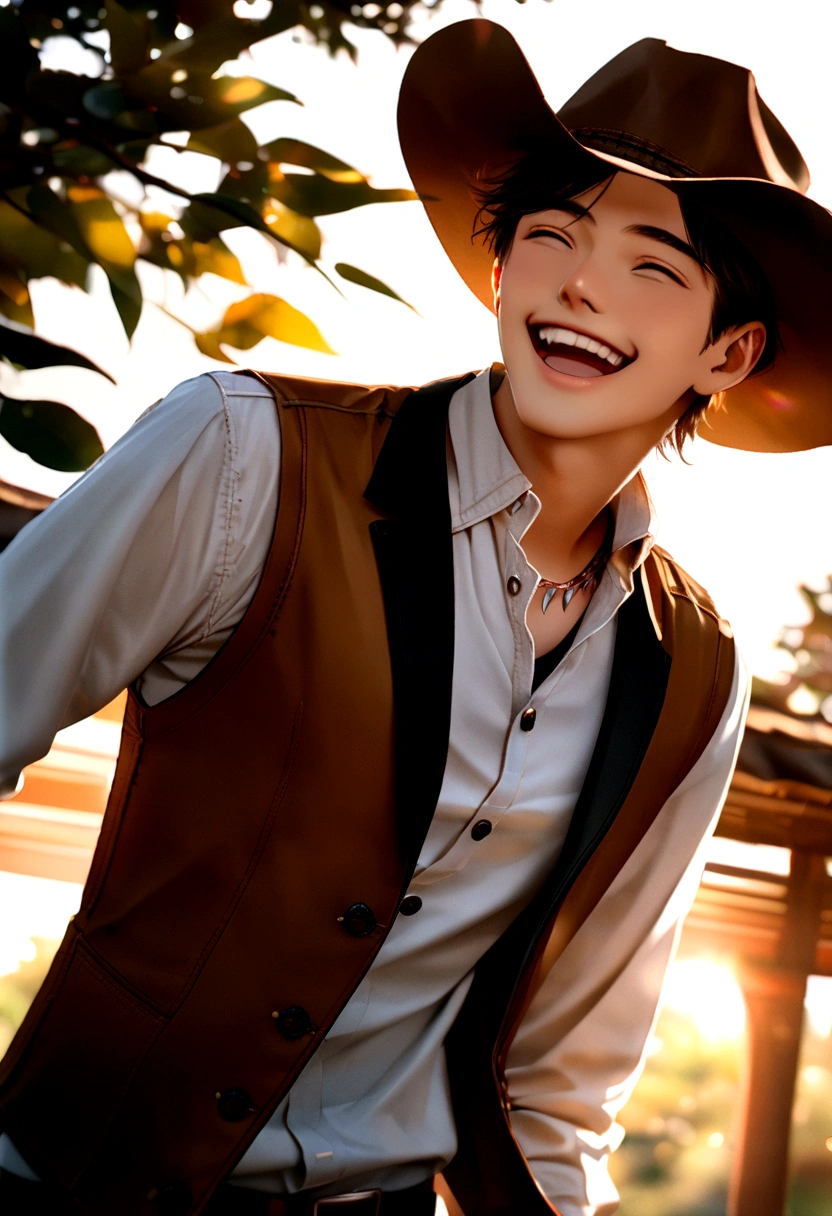 Happy young man , wearing cowboy hat, colete de cowboy, side lighting, Sunnyday, half length shot, top quality photo.