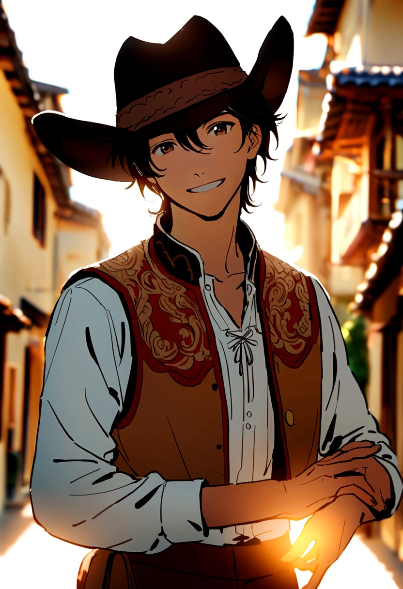 Happy young man , wearing cowboy hat, colete de cowboy, side lighting, Sunnyday, half length shot, top quality photo.