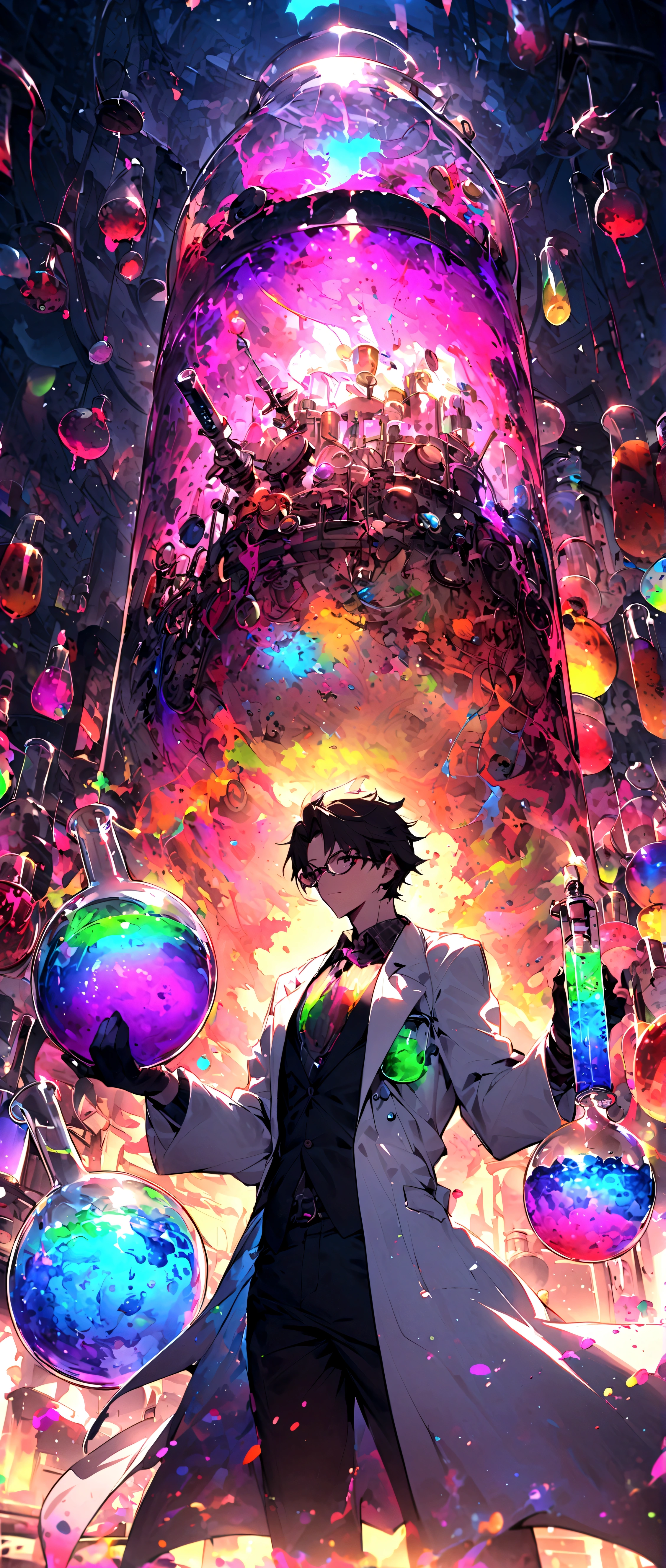dim、Mr.々A laboratory with the necessary equipment、mad scientist、Mr.々Colorful flasks and beakers、syringe、Lab coat with colorful liquid on it、Glasses、Science Experiment、Insanity、
